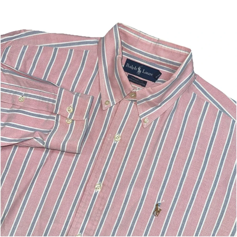 Ralph Lauren Shirt Mens 16 1/2 Pink Stripes Logo Button Down Yarmouth Flesh Pony